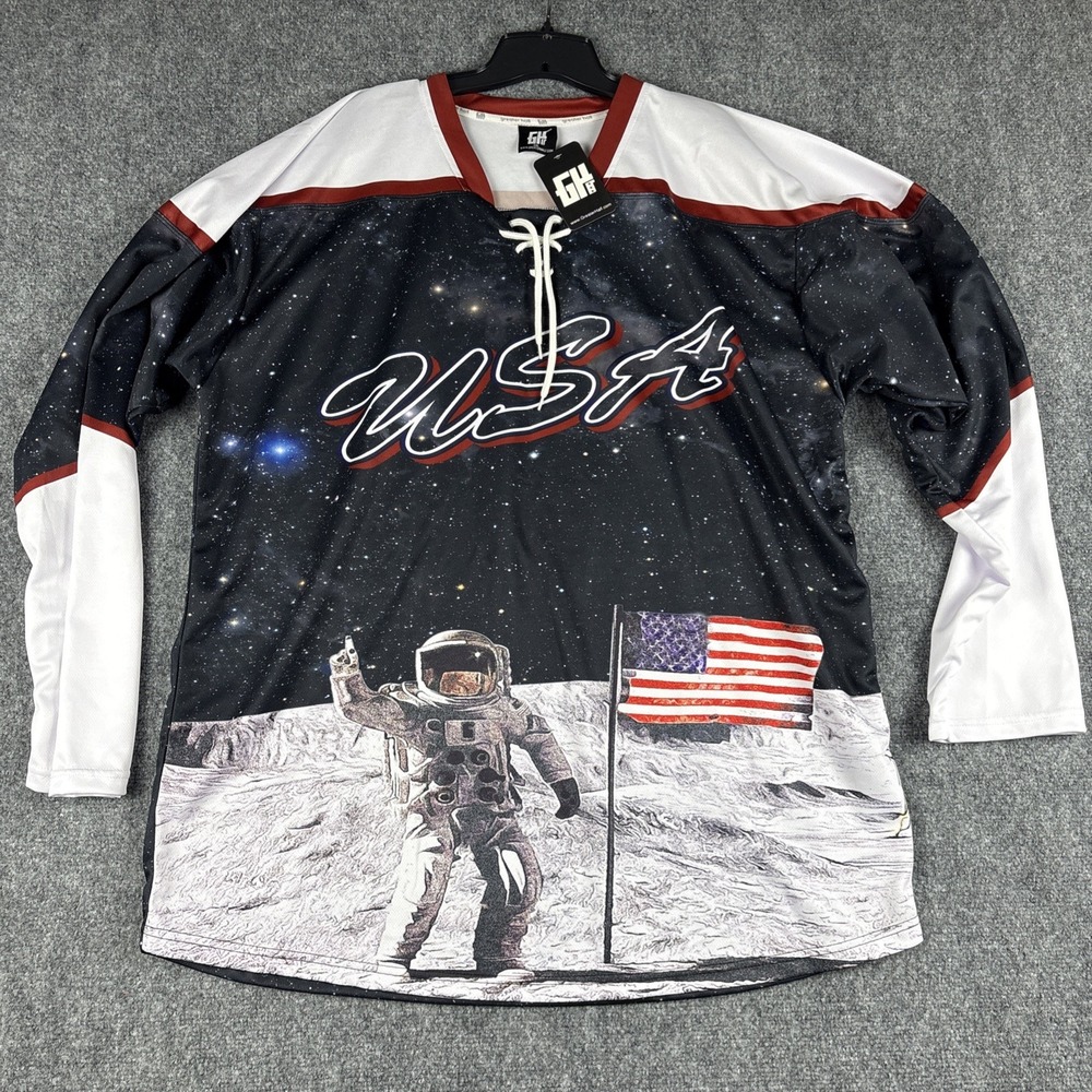 NWT Greater Half USA Hockey Jersey America 1 Man On Moon Space Astronaut 2XL